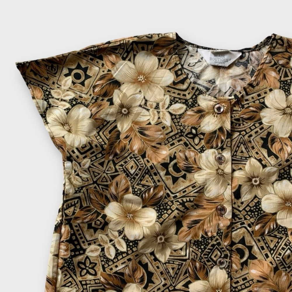 Vintage 90s Tan Tropical Hibiscus Floral Print 2 Piece Shorts Set - Picture 3 of 9